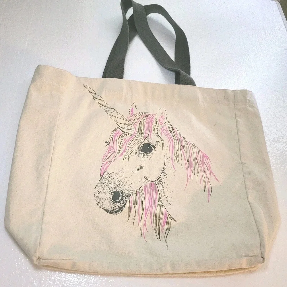 Unicorn Canvas Tote Bag Cotton Shopping Beach Reusable 15x15 Whimsical‎